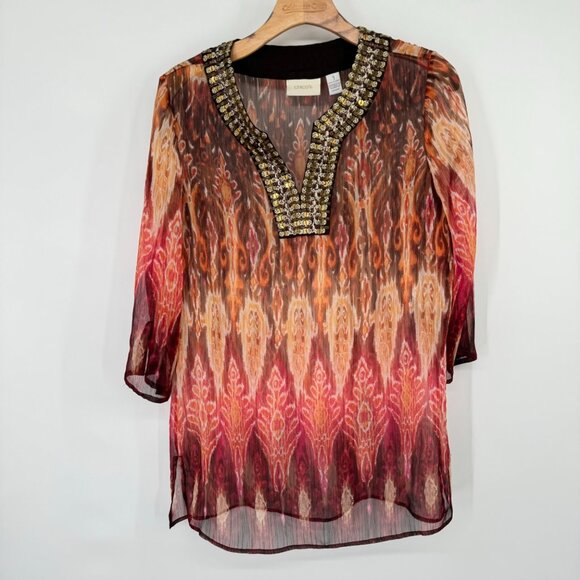 Chico's 1 semi Sheer Tunic Top Beaded Neckline 3/4 sleeve Size medium - Picture 5 of 11